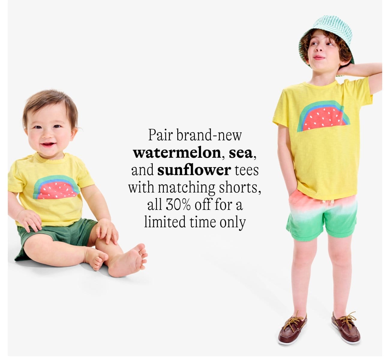 Pair brand-new watermelon, sea, and sunflower tees with matching shorts, all 30% off for a limited time only