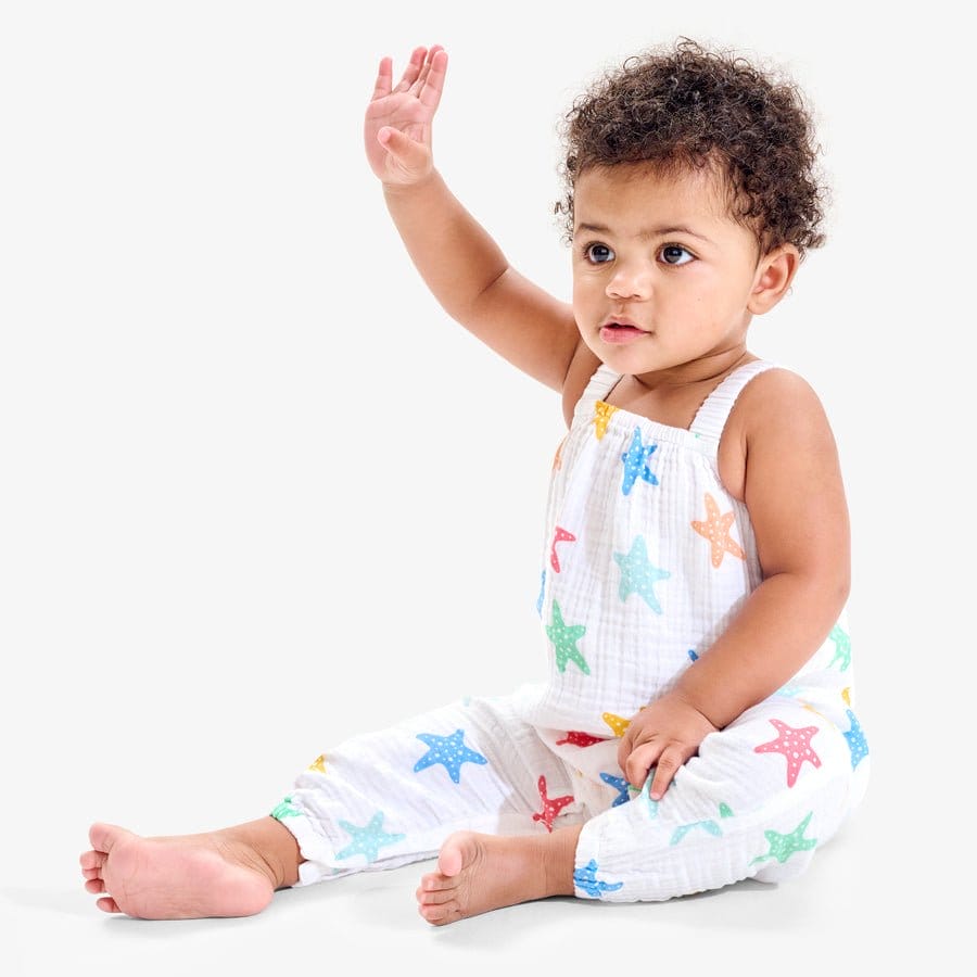 Baby cotton gauze tank romper in rainbow starfish