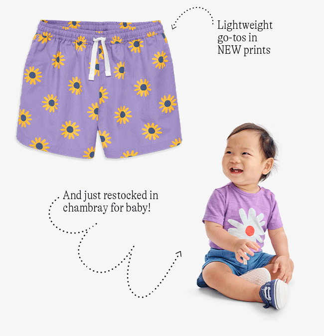 Lightweight go-tos in new prints. And just restocked in chambray for baby!