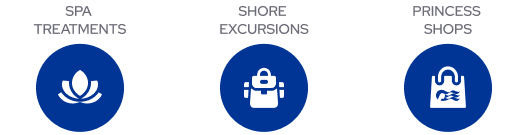 Three icons: Spa treatment icon, shore excursions icon and Princess shops icon.