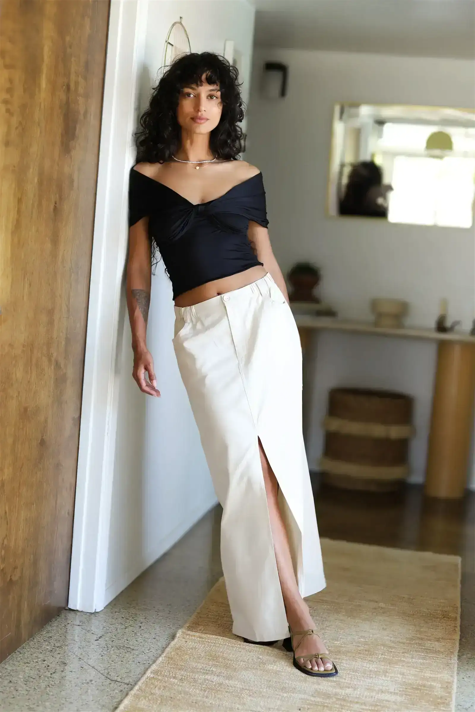 Image of Antique White Khaki Midi Skirt