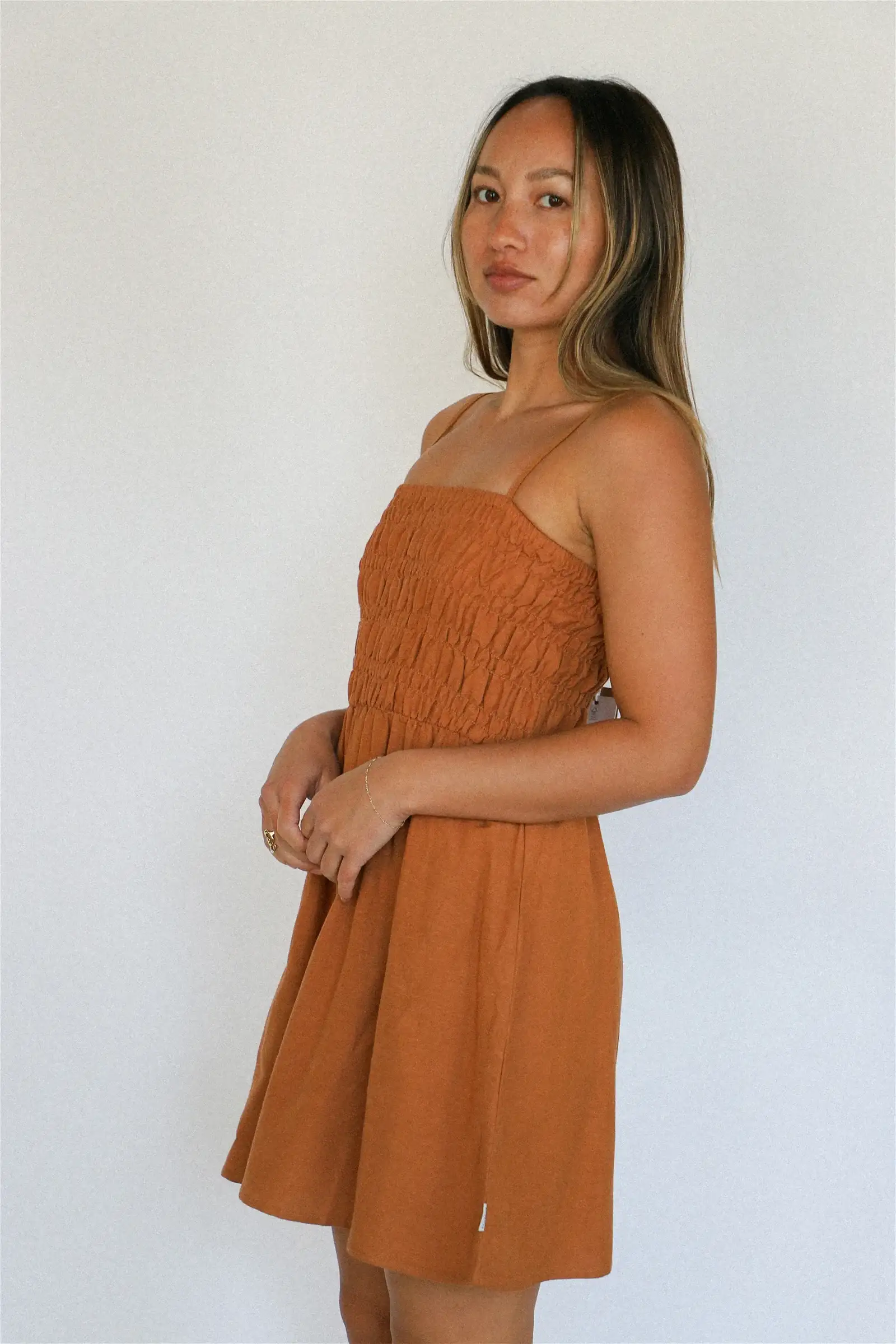 Image of Caramel Classic Shirred Mini Dress