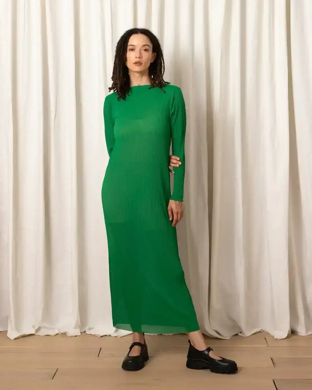 Image of Kelly Green Pleated Mesh Dress