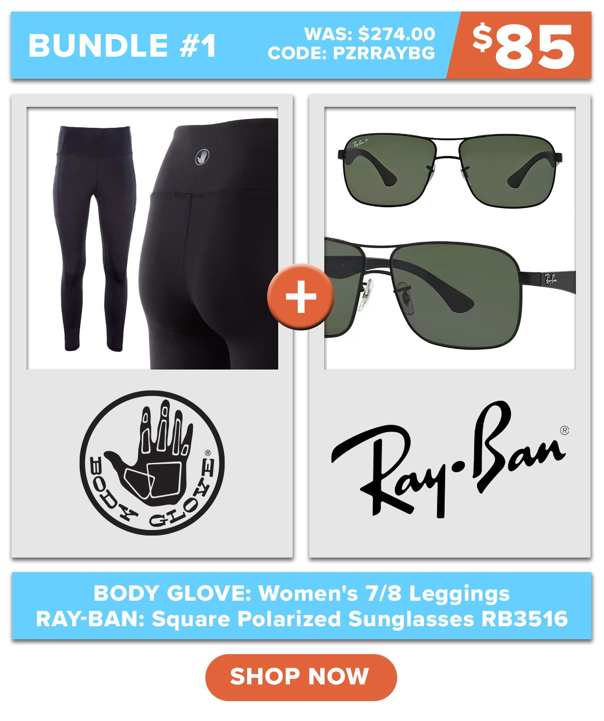 Ray-Ban Square Polarized Sunglasses RB3516 + Body Glove Women's 7/8 Leggings