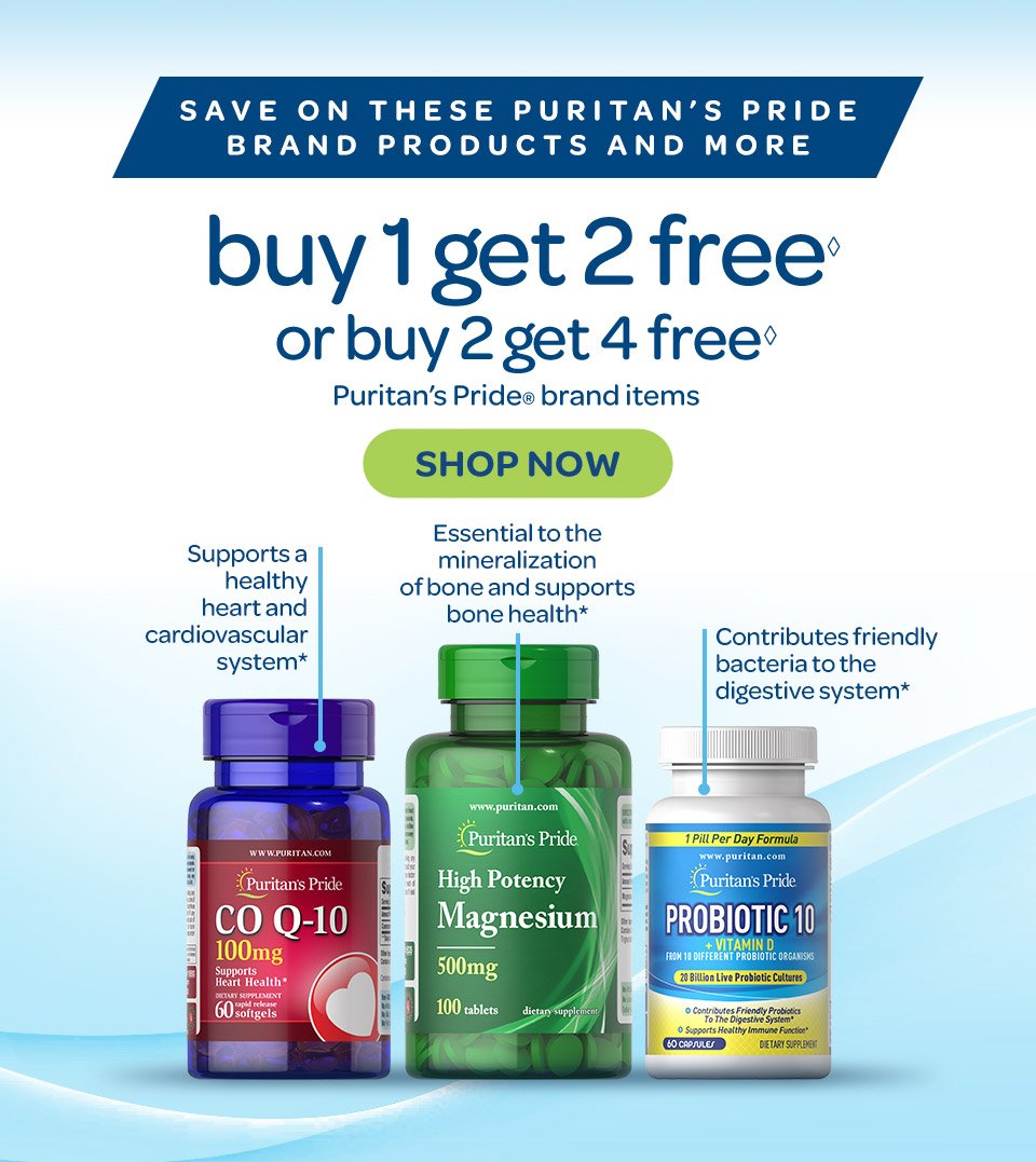 Buy 1 get 2 free◊ or buy 2 get 4 free◊ on Puritan's Pride® brand items. Shop now.