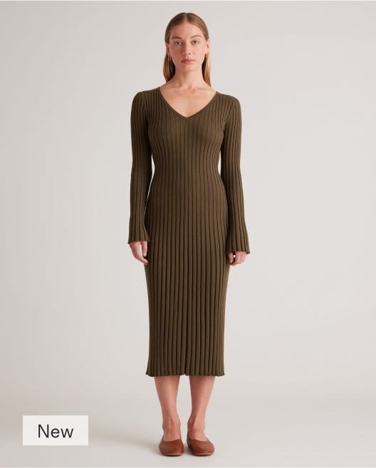 Cotton Cashmere Ribbed Long Sleeve V-Neck Midi Dress