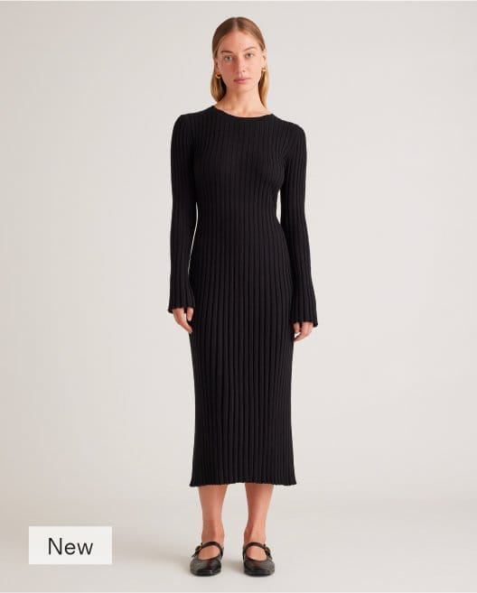 Cotton Cashmere Ribbed Long Sleeve Crew Midi Dress