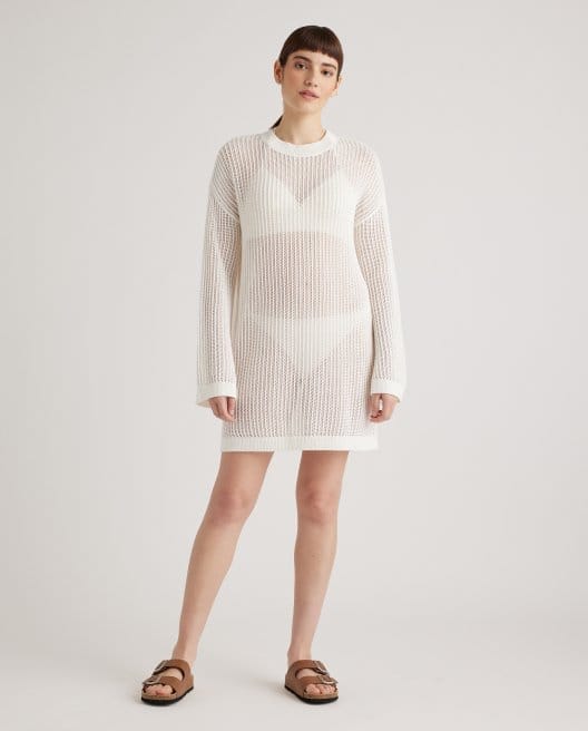 100% Organic Cotton Open-Knit Long Sleeve Cover-Up Mini Dress