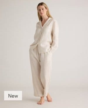 100% European Linen Long Sleeve Pajama Set with Piping