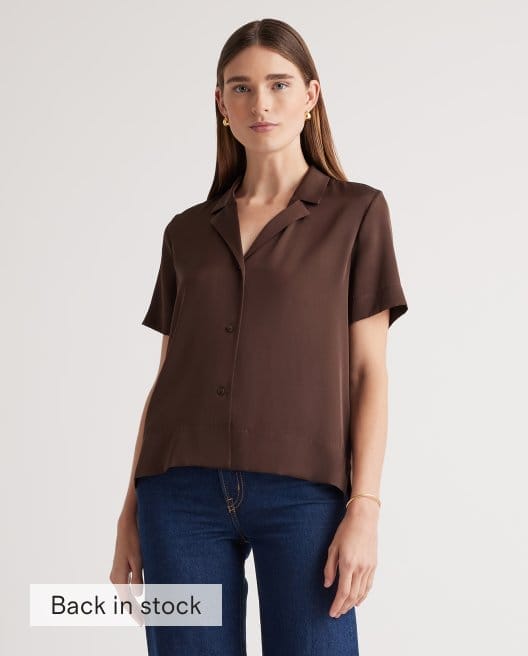 Washable Stretch Silk Short Sleeve Notch Collar Blouse