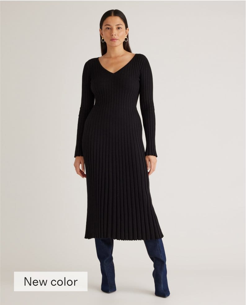 Cotton Cashmere Ribbed Long Sleeve V-Neck Midi Dress