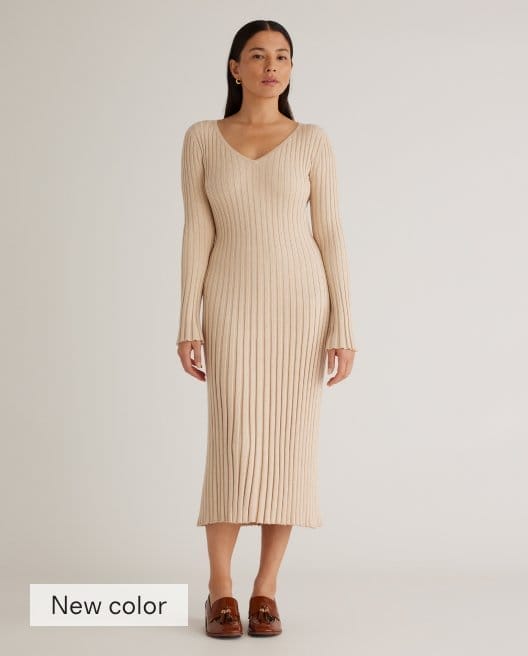 Cotton Cashmere Ribbed Long Sleeve V-Neck Midi Dress