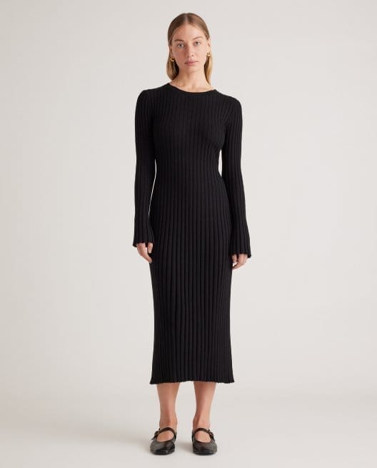 Cotton Cashmere Ribbed Long Sleeve Crew Midi Dress