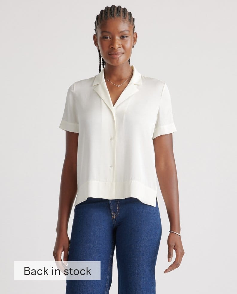 Washable Stretch Silk Short Sleeve Notch Collar Blouse