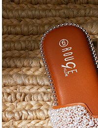 Faux Pearl Band Studded Trim Slide Sandals