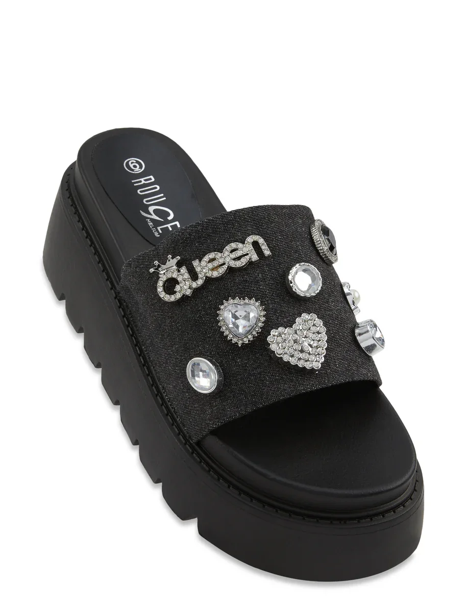 Queen Charm Denim Band Platform Slide Sandals