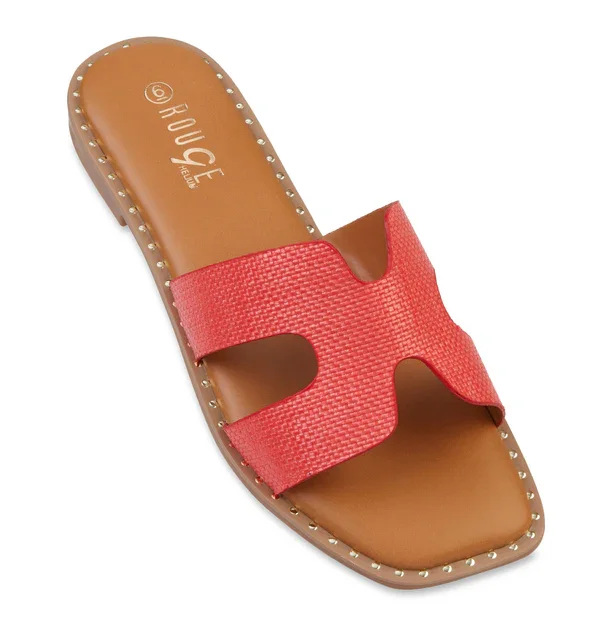 Studded Trim Straw Cut Out Band Slide Sandals