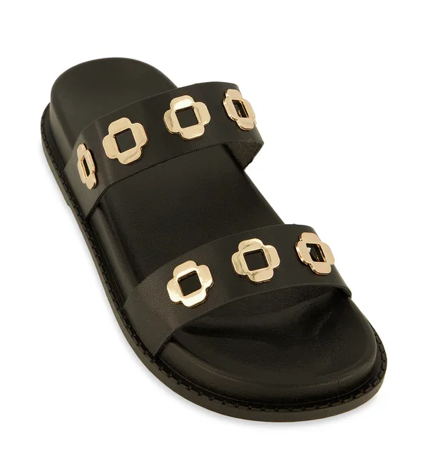Geometric Metallic Eyelet Double Band Slide Sandals