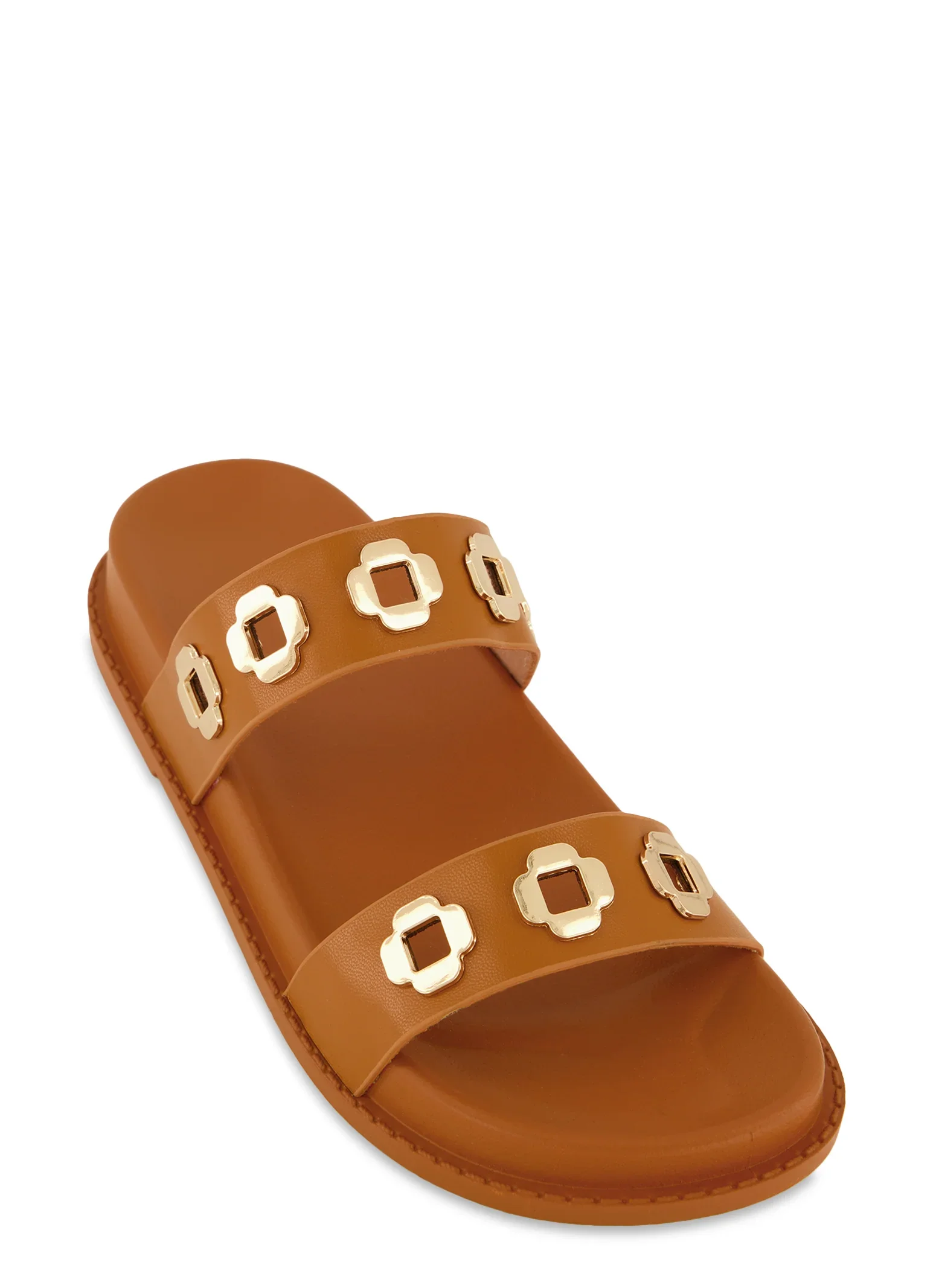 Geometric Metallic Eyelet Double Band Slide Sandals