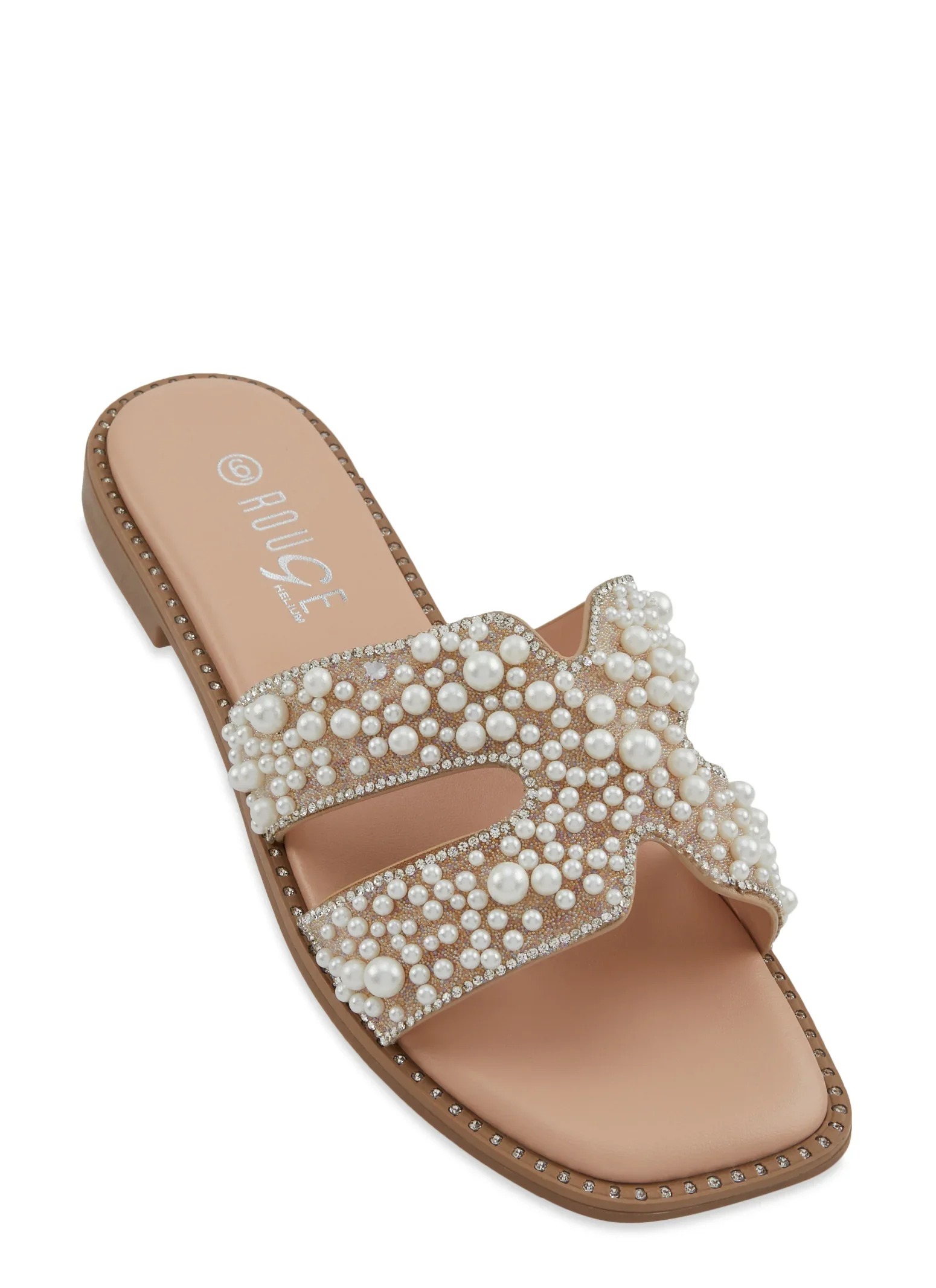 Faux Pearl Studded H Band Slide Sandals