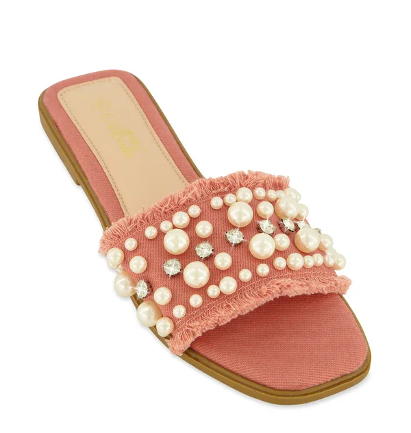 Frayed Faux Pearl Rhinestone Band Slide Sandals