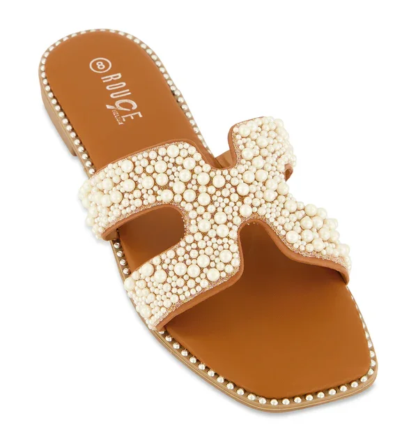 Faux Pearl H Band Slide Sandals