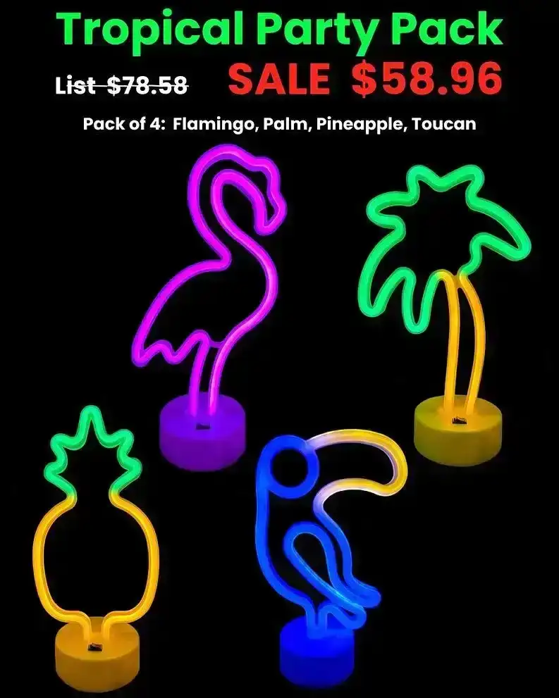 REVO Tropical Party Pack Neon Lights operate on 3 AA batteries and come with USB cord. Tropical theme set of 4 different lights. Flamingo,Palm Tree, Pineapple and Toucan.