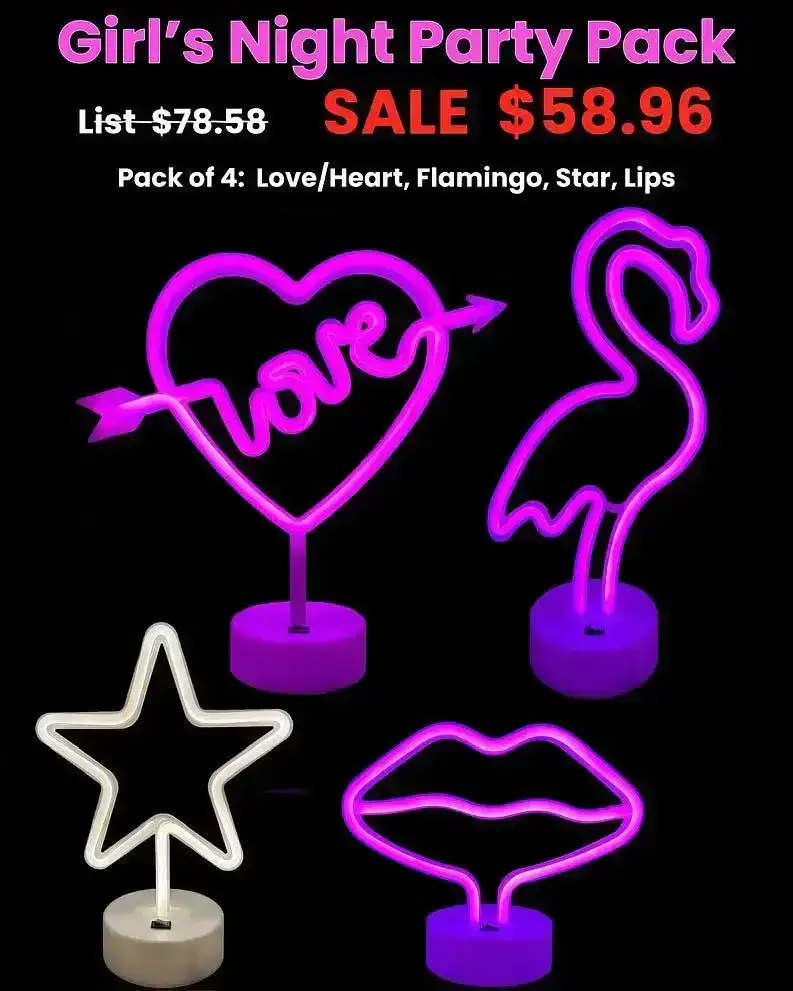 REVO Girl&#39;s Night Party Pack Neon Lights operate on 3 AA batteries and come with a USB cord. Girl&#39;s Night theme set of 4 different lights. Lips, Love/Heart, Flamingo and Star