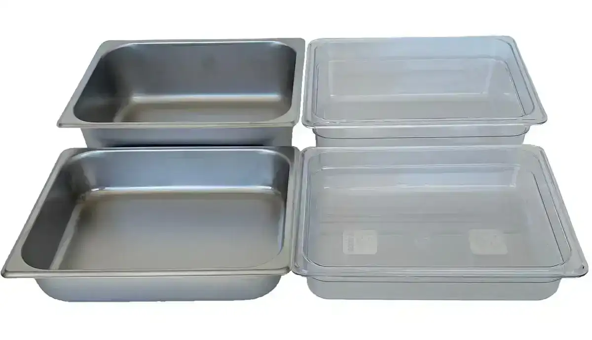 REVO Food Pans sets for our Dubler Coolers - Stainless Steel and Clear Polycarbonate in half and quarter size pans.