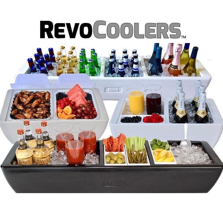 REVO Coolers are premium insulated beverage tubs for bar stations and chilled food presentations. Also used as a flameless chafer for hot food and fits food pans. Made in USA.