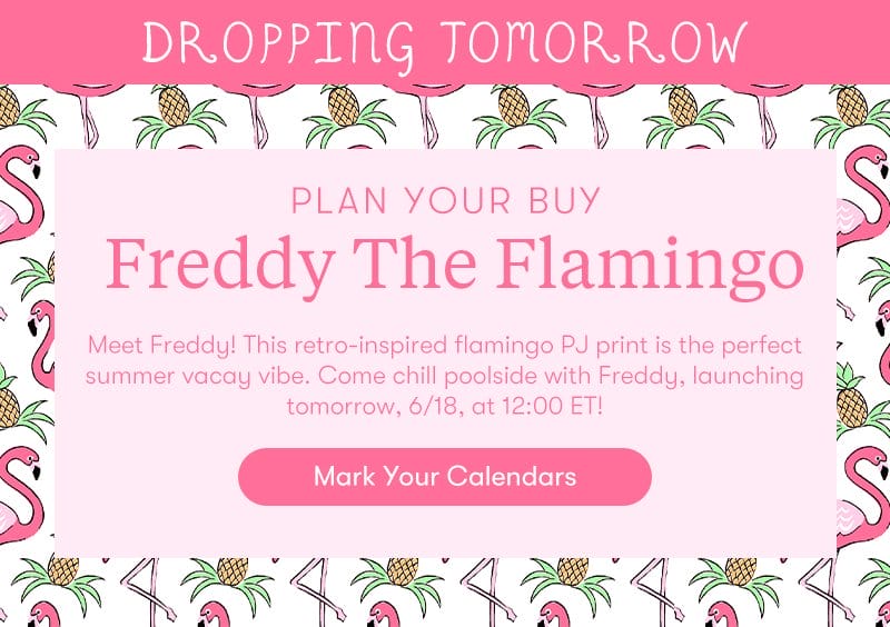 Dropping Tomorrow: Plan Your Buy Freddy the Flamingo: Meet Freddy! This retro-inspired flamingo PJ print is the perfect summer vacay vibe. Come chill poolside with Freddy, launching tomorrow, 6/18, at 12:00 ET!