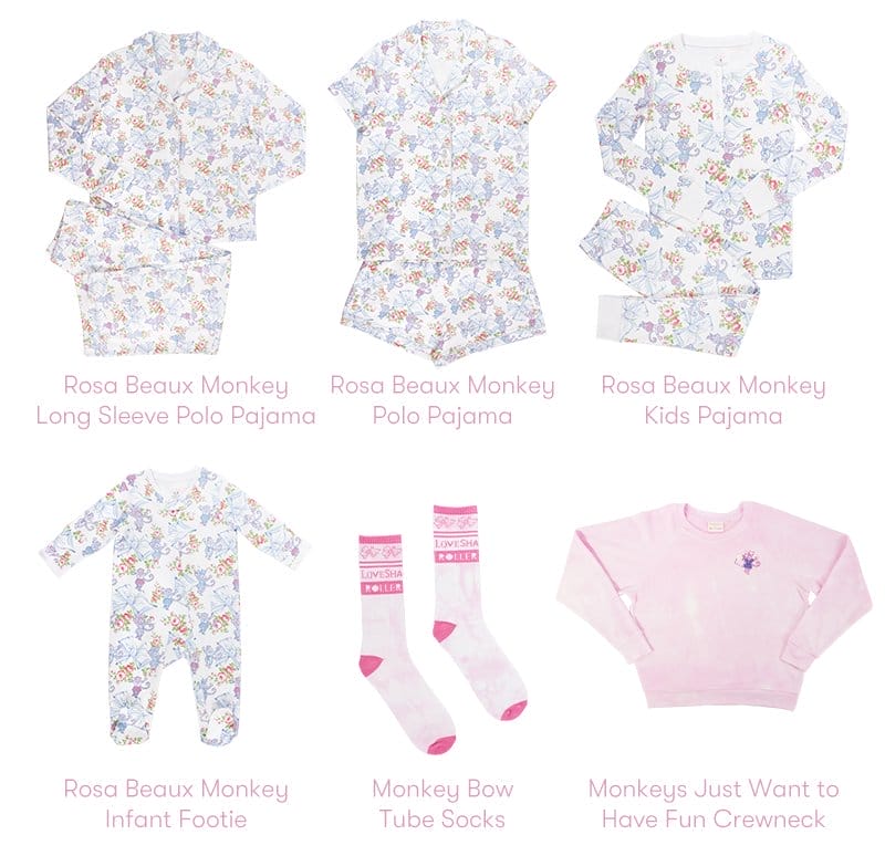 Rosa Beaux Monkey Long Sleeve Polo Pajama, Polo Pajama, Kids Pajama, Infant Footie, Monkey Bow Tube Socks, and Monkeys Just Want to Have Fun Crewneck