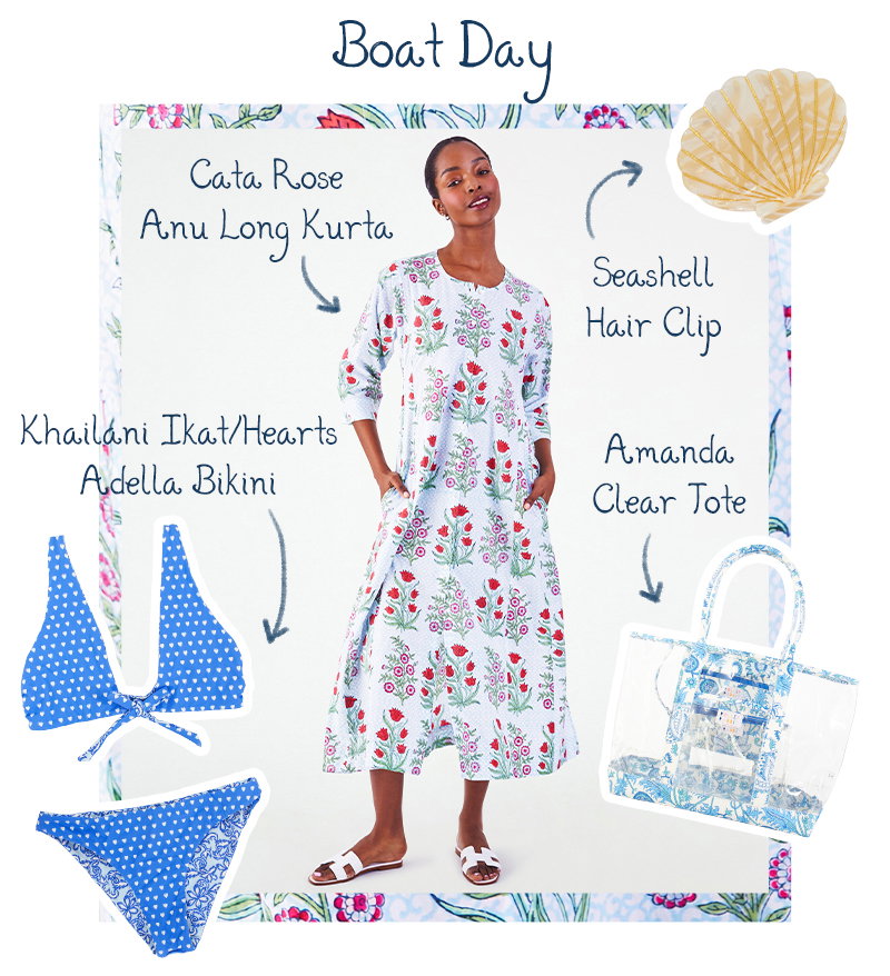 Boat Day: Cata Rose Anu Long Kurta, Khailani Ikat/Hearts Adella Bikini, Seashell Hair Clip, Amanda Clear Tote