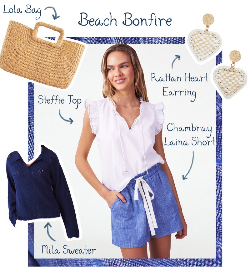 Beach Bonfire: Chambray Laina Short, Steffie Top, Mila Sweater, Rattan Heart Earring, Lola Bag