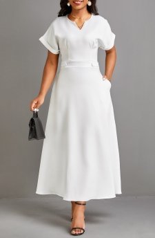 Pocket Split Neck Short Sleeve White Maxi Dress