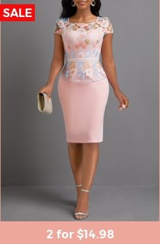 Square Neck Lace Light Pink Bodycon Dress