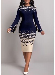 Geometric Print Contrast Binding Navy Long Sleeve Dress