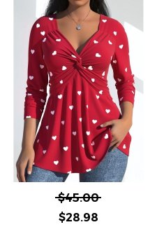 Heart Print Twist Red Long Sleeve T Shirt