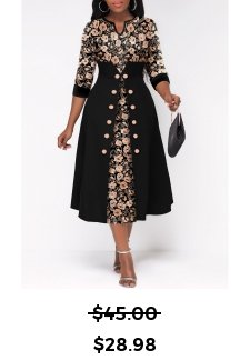 Random Floral Print Button Black Split Neck Dress