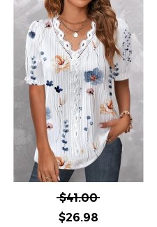 Floral Print Lace White Short Sleeve V Neck Blouse