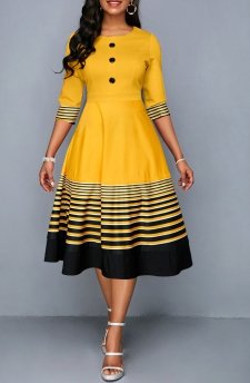 Striped Patchwork Yellow Half Sleeve Round Neck Dress