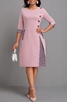 Geometric Print Button Pink A Line Dress