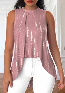 Geometric Print Fake 2in1 Dusty Pink Sleeveless Tank Top