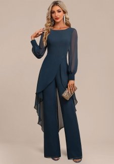 Peacock Blue Long Patchwork Scoop Neck Jumpsuit