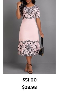 Geometric Print Light Pink Short Sleeve Round Neck Dress