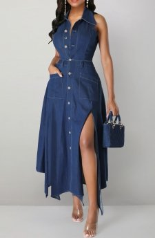 Handkerchief Hem Denim Blue Sleeveless Shirt Collar Maxi Dress