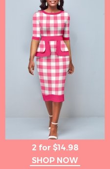 Pink Plaid Round Neck Bodycon Dress