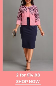 Plants Print Two Piece Pink Bodycon Dress and Cardigan