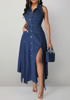 Handkerchief Hem Denim Blue Sleeveless Shirt Collar Maxi Dress