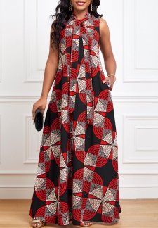 Geometric Print Ribbon Red A Line Sleeveless Dress